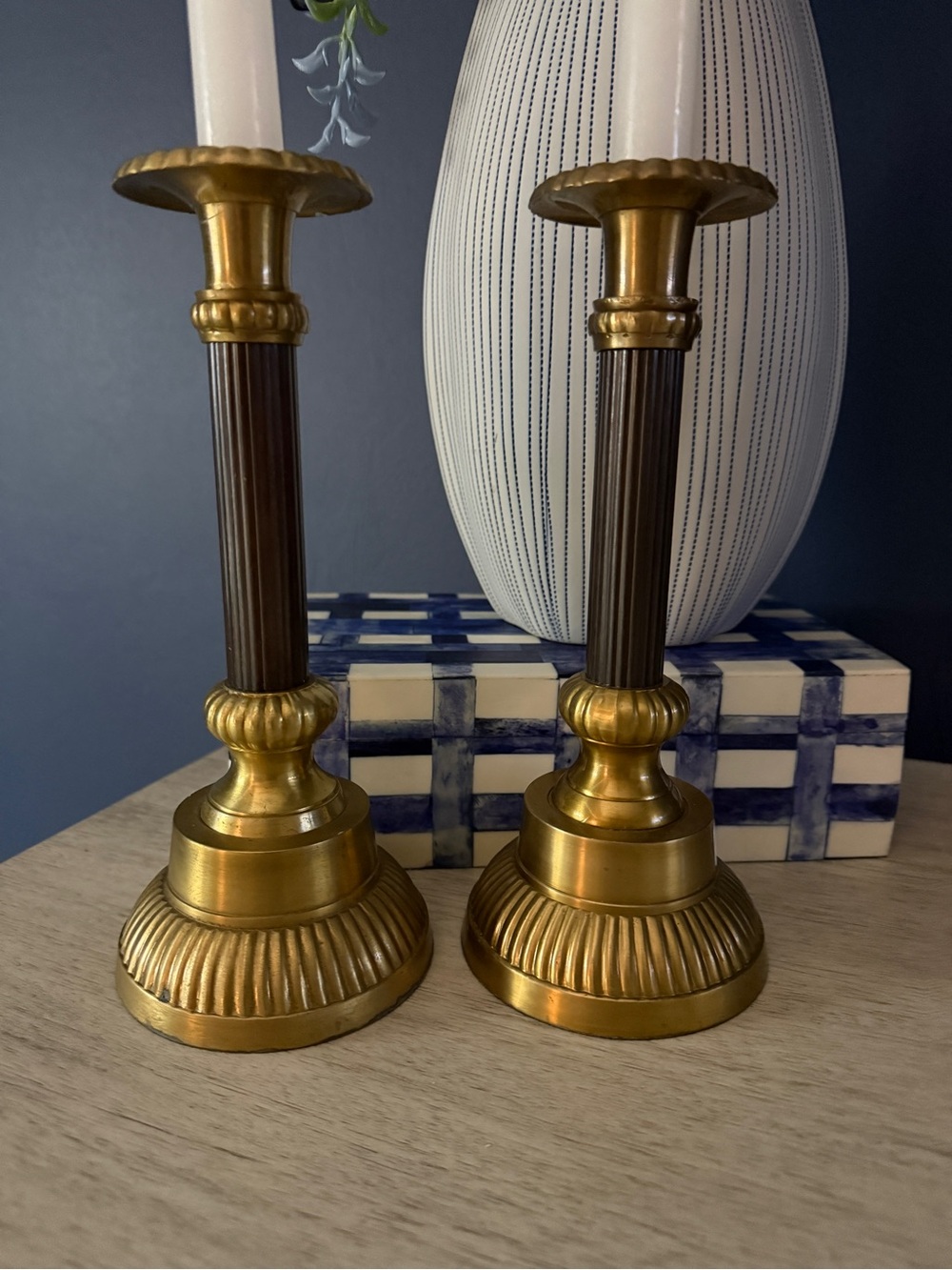 Vintage brass & ceramic pair candlesticks made in India by paradigm exclusives